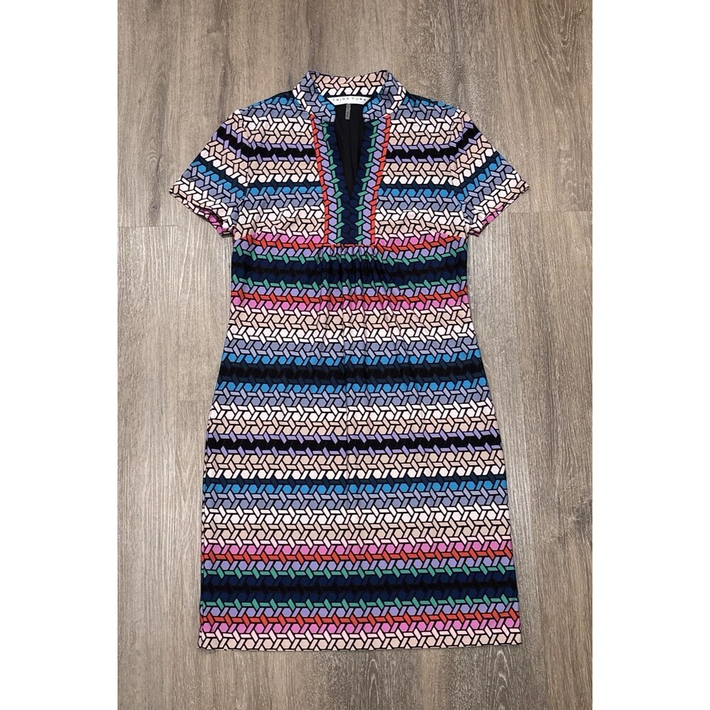 Trina Turk Dress Size Small Geometric Stretch Mini Pink Blue Black Summer